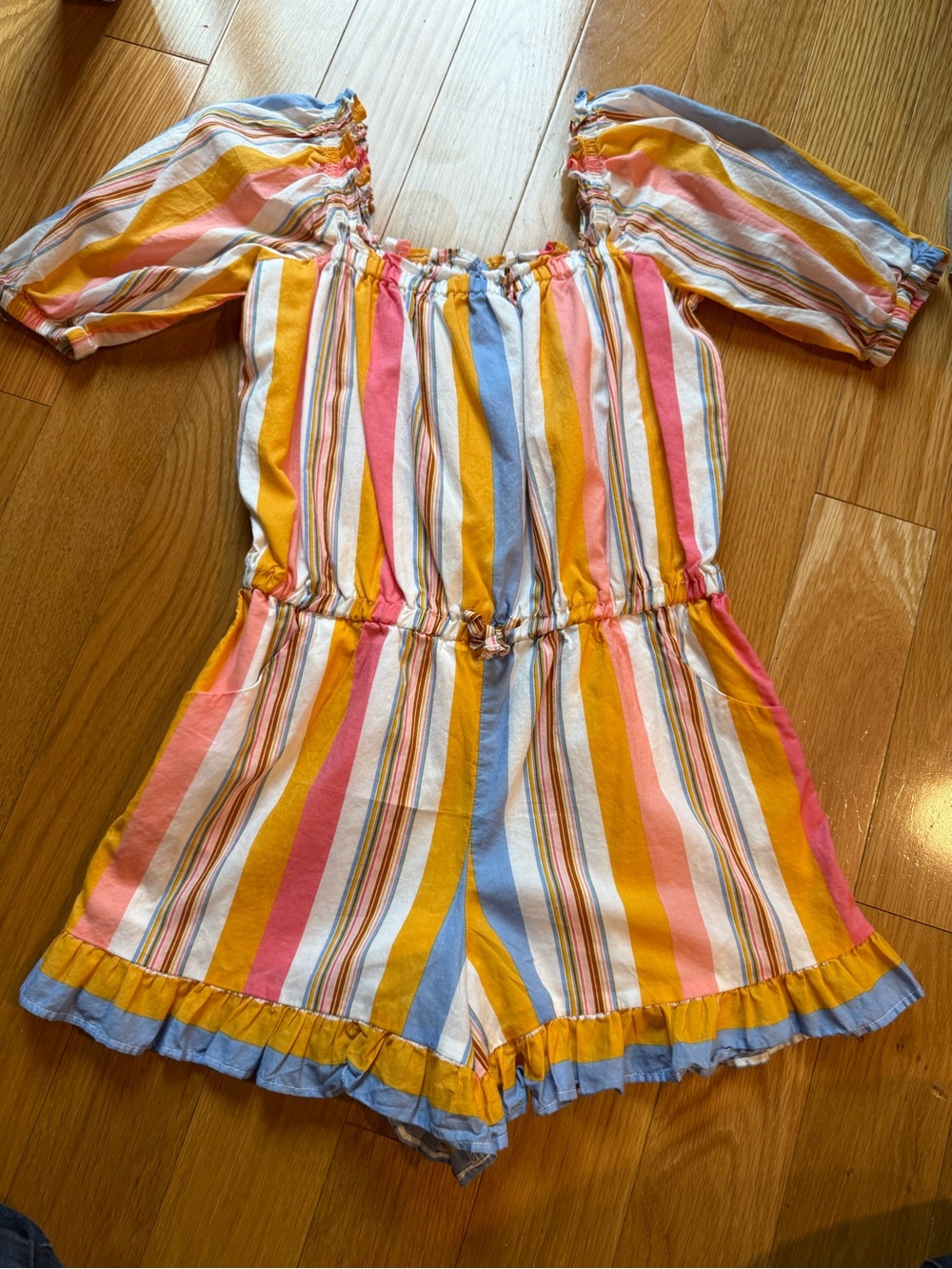 Janie and Jack Striped Off-Shoulder Romper in Pink, Yellow & Blue